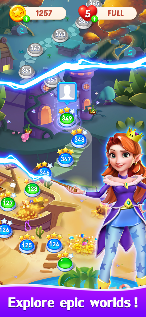Level progression map in Bubble Shooter Legend featuring a princess character and fantasy worlds
