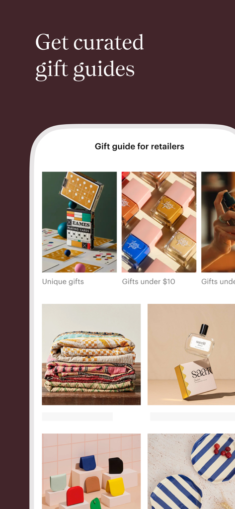 Faire Wholesale - Faire Wholesale app interface showing curated gift guides for independent boutique retailers.