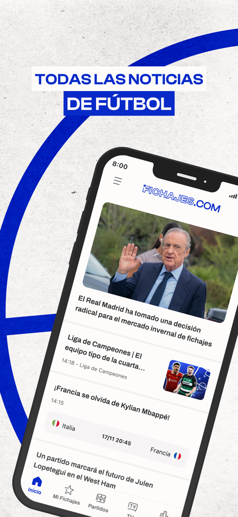 Captura de pantalla de la aplicación Fichajes futbol mostrando noticias de fútbol y actualizaciones del mercado de fichajes en español