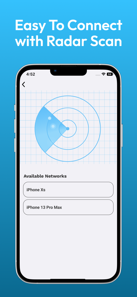 Smartphone screen showing a radar scan to discover nearby devices for file sharing