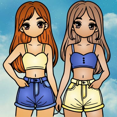 two sisters with crop tops and jean shorts and straight hair