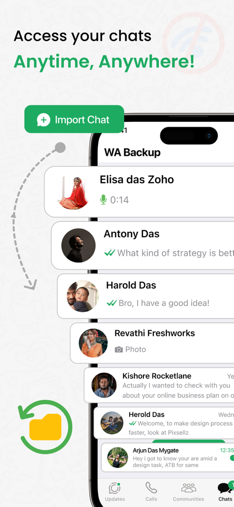 WT Backup & Restore - StoryBox - Interfaz de WT Backup and Restore que muestra una lista de chats de WhatsApp en un dispositivo móvil