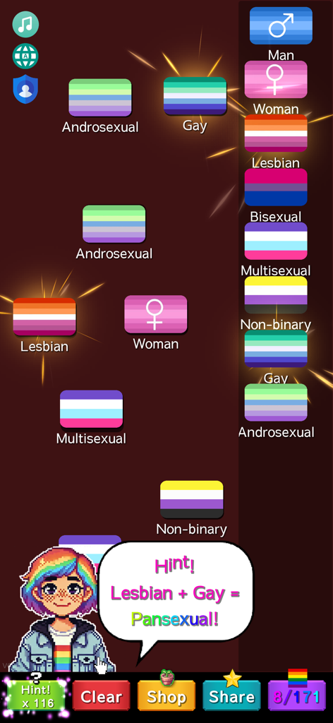 Gameplay of LGBT Flags Merge app featuring various pride flags and a hint bubble explaining flag combinations