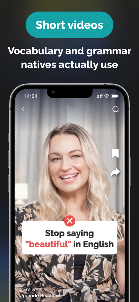 FluentJoy: Speak English - Tela de uma aula em vídeo do aplicativo FluentJoy para aprender vocabulário e gramática de inglês nativo.