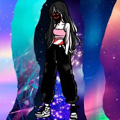 girl in baggy pants crop top and long hair