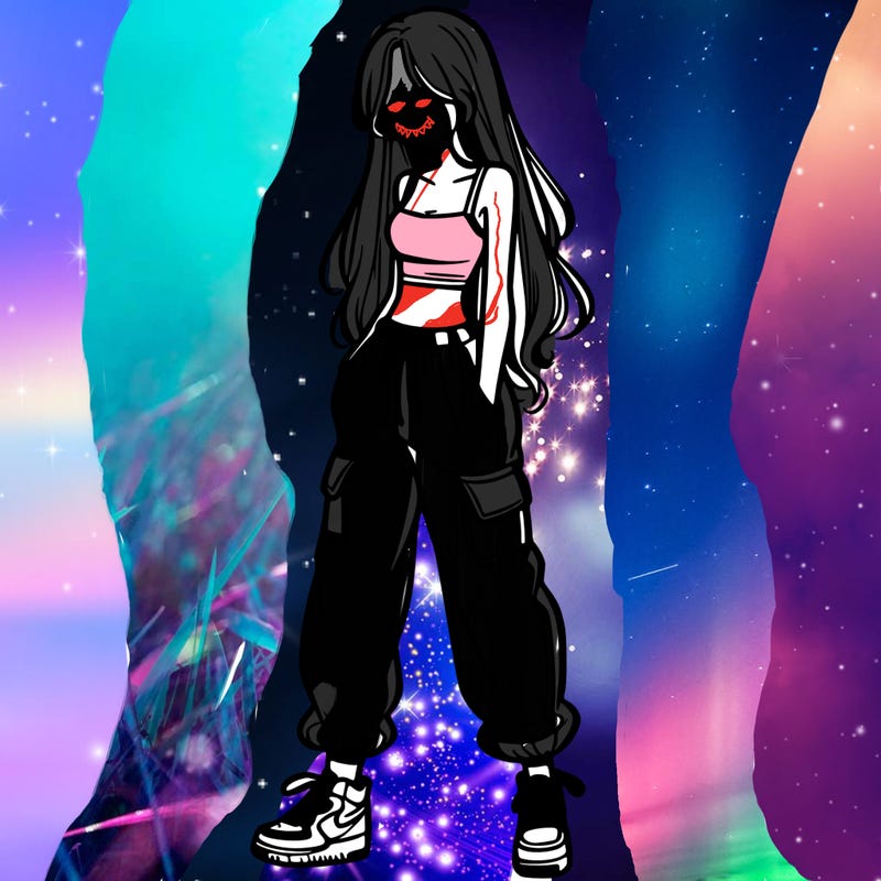 girl in baggy pants crop top and long hair