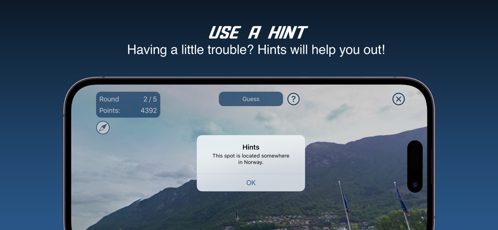 Guess the Spot - GeoGuess Game - Una captura de pantalla del juego móvil Adivina el Lugar que muestra el uso de una función de pista sobre una vista del paisaje de Noruega.