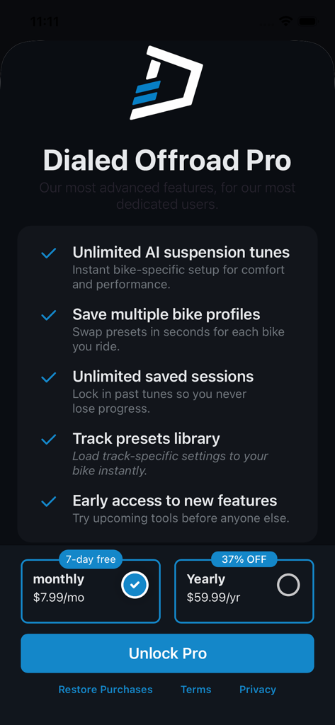 Dialed Offroad - Dialed Offroad Pro premium subscription features and pricing screen
