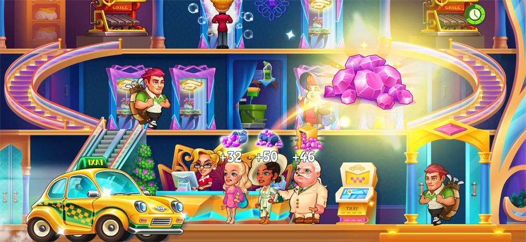 Dream Hotel: Hotel Manager - Gameplay screen of Dream Hotel Manager showing guests at the reception desk and earning pink gems