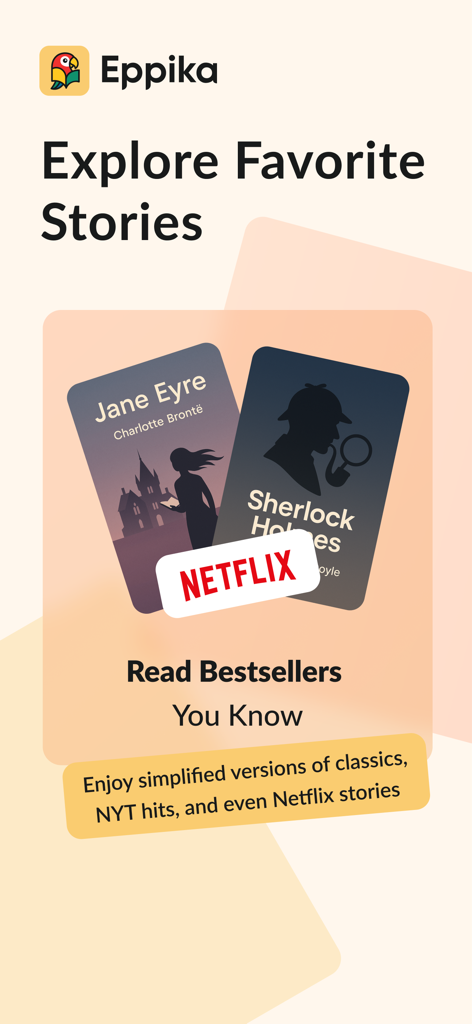 Eppika: Read & Learn Languages - Interface do aplicativo Eppika mostrando capas de livros clássicos como Jane Eyre e Sherlock Holmes usados para aprender idiomas através da leitura.
