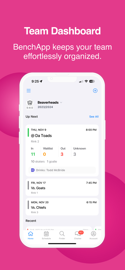 BenchApp - Sports Team Manager - Sports team dashboard showing game schedule and player attendance tracking