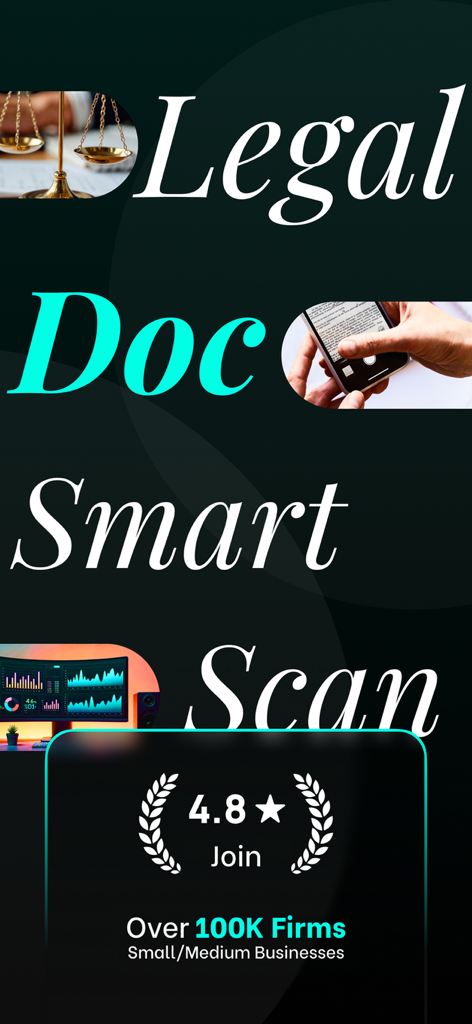 Interfaz de la aplicación Legal Scan para escaneo inteligente de documentos y análisis de contratos con una calificación de 4.8 estrellas.