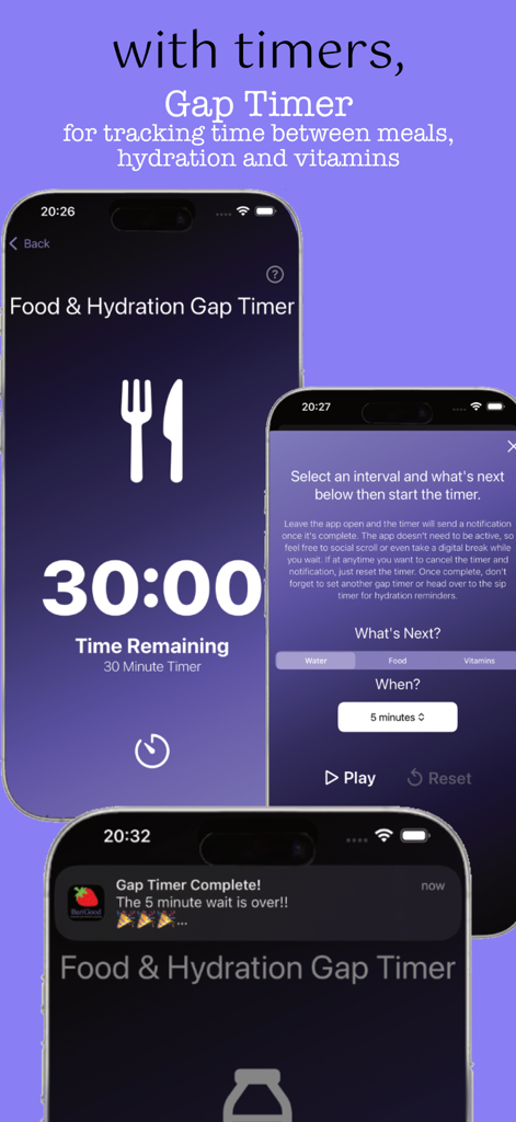 Interface do aplicativo BariGood mostrando o Temporizador de Intervalo para rastrear os intervalos entre refeições e hidratação após cirurgia bariátrica.