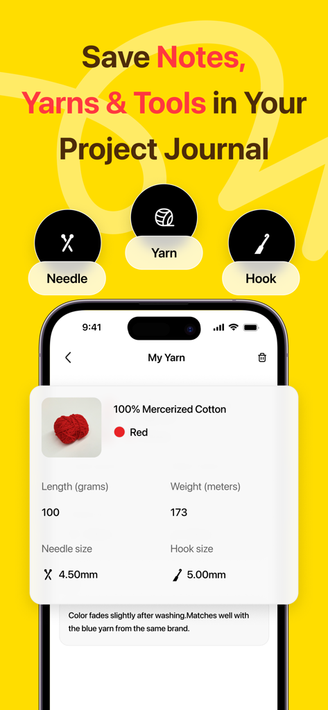 LoopCraft: Crochet & Knitting - LoopCraft app project journal screen showing detailed inventory tracking for red cotton yarn including weight and needle size