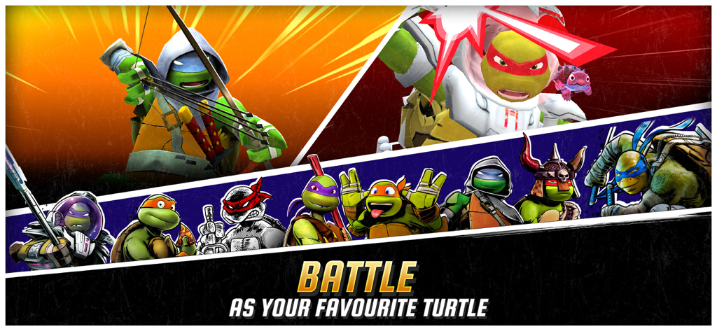 Une bannière promotionnelle pour Ninja Turtles Legends montrant différentes variantes des personnages des Tortues et du texte de combat.