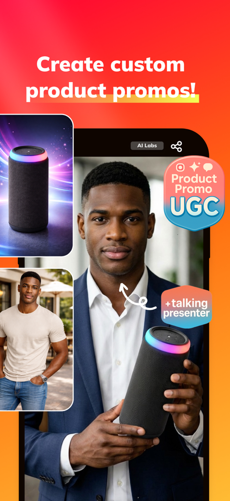 An AI generated product promo featuring a talking presenter holding a smart speaker