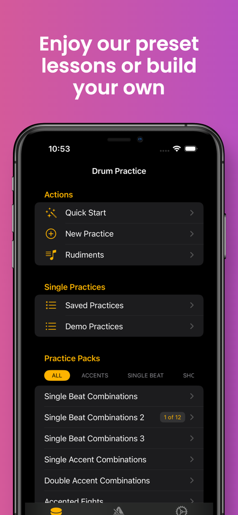 Menú de práctica de batería en la aplicación Metrónomo y Práctica de Rudimentos que muestra paquetes de lecciones y creación de sesiones personalizadas.