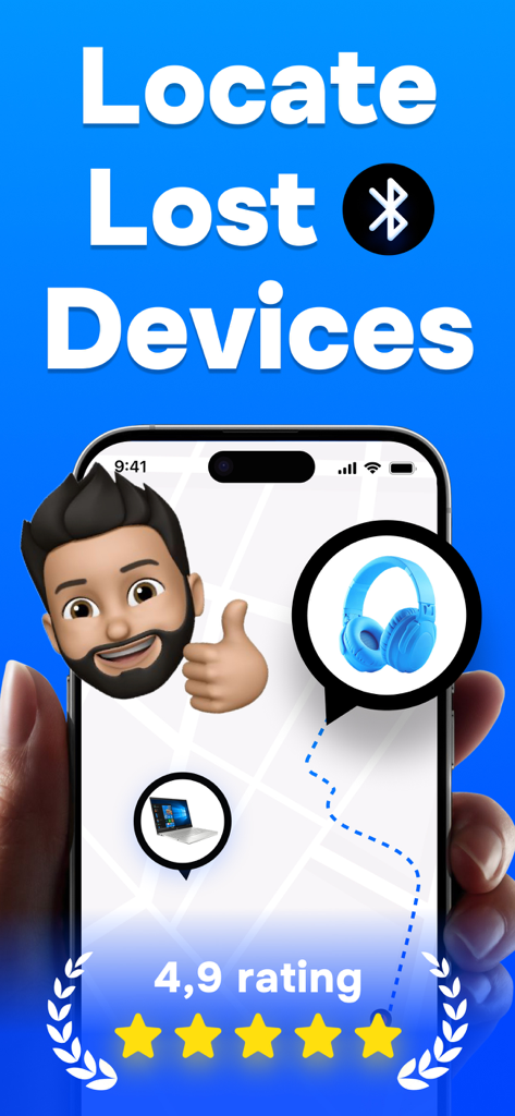 Bluetooth Finder app interface showing a map to locate lost devices like headphones and laptop