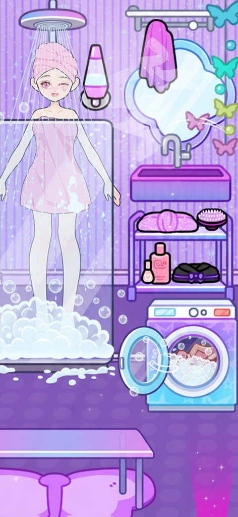 Sparkle Style: Dress up games - Un lindo personaje de muñeca tomándose una ducha en un baño morado decorado