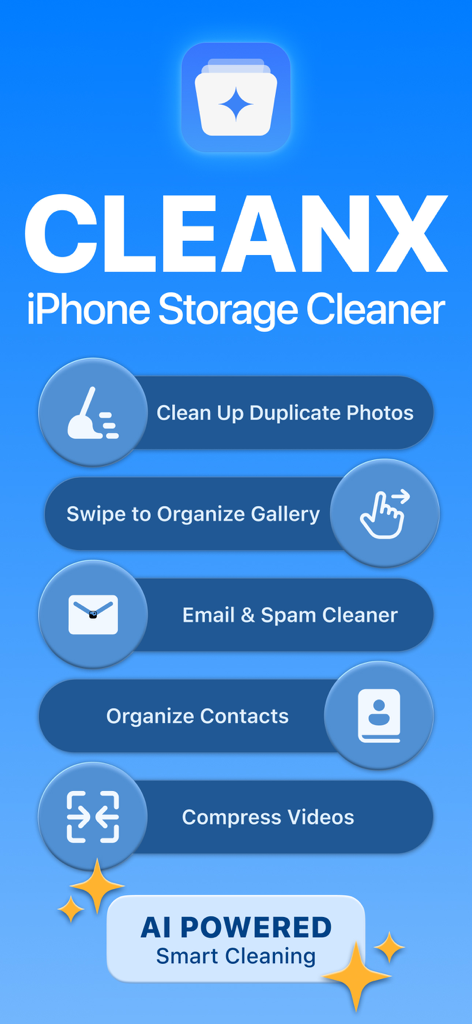 CleanX: Photo Storage Cleaner - Interfaz de la aplicación CleanX que muestra funciones de limpieza de almacenamiento de iPhone, incluida la eliminación de fotos duplicadas y la limpieza inteligente con IA