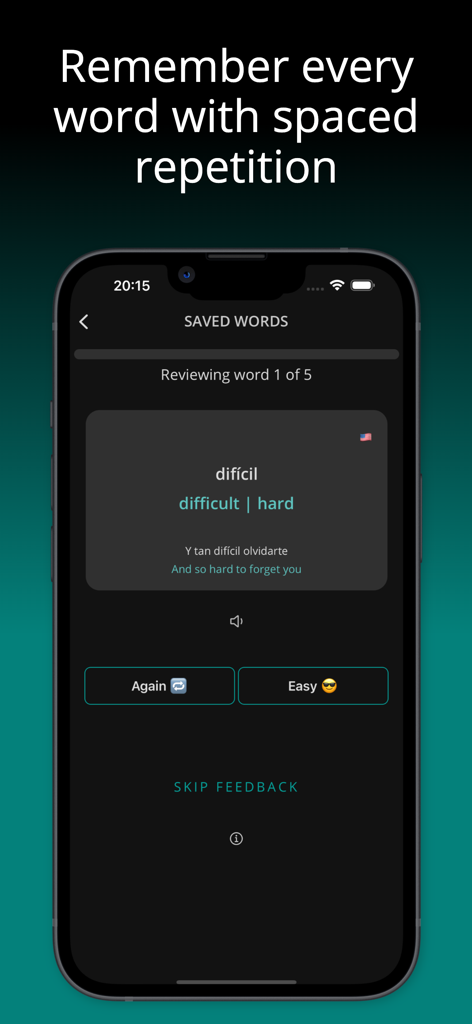 LyricFluent app interface showing a vocabulary flashcard for the Spanish word dificil with its English translation and song context