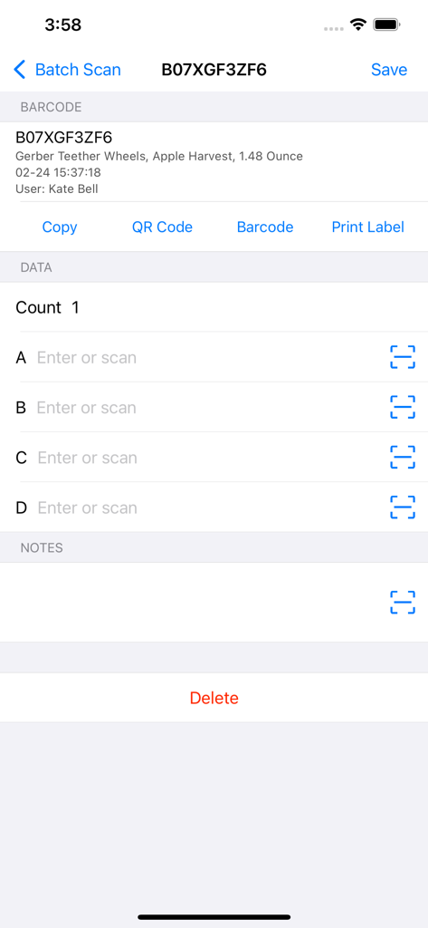 A screenshot of the Power Barcode Scanner app showing product details and data entry fields for inventory management.