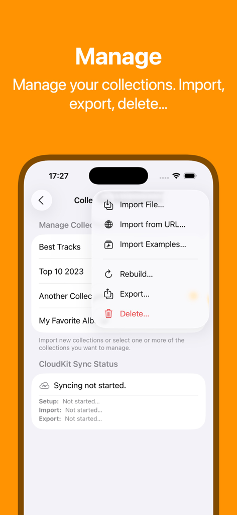 Chart Your Music - Manage screen for Chart Your Music app showing import export and delete options for music collections