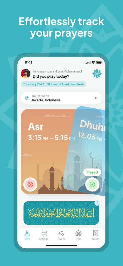 Niya app dashboard showing prayer tracking cards for Asr and Dhuhr with a minimalist interface