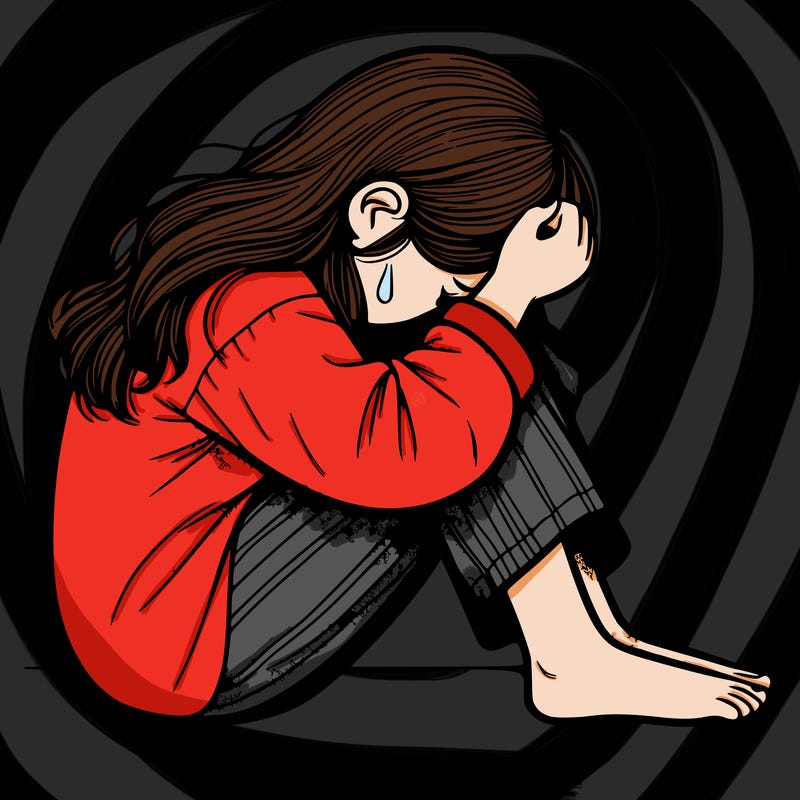a realistic girl crying on the floor with her head on her knees and you can't see her face just her hair