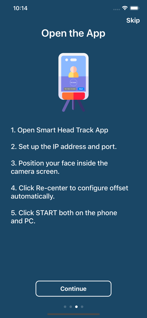 Smart Head Track for OpenTrack - Onboarding-Bildschirm, der fünf Schritte zur Konfiguration der Smart Head Track App zeigt