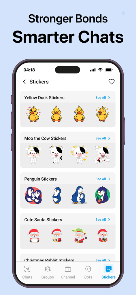 Telegram Tools -Group, Channel - Capture d'écran de l'application Outils Telegram montrant divers packs d'autocollants de dessins animés pour canards, vaches et pingouins.