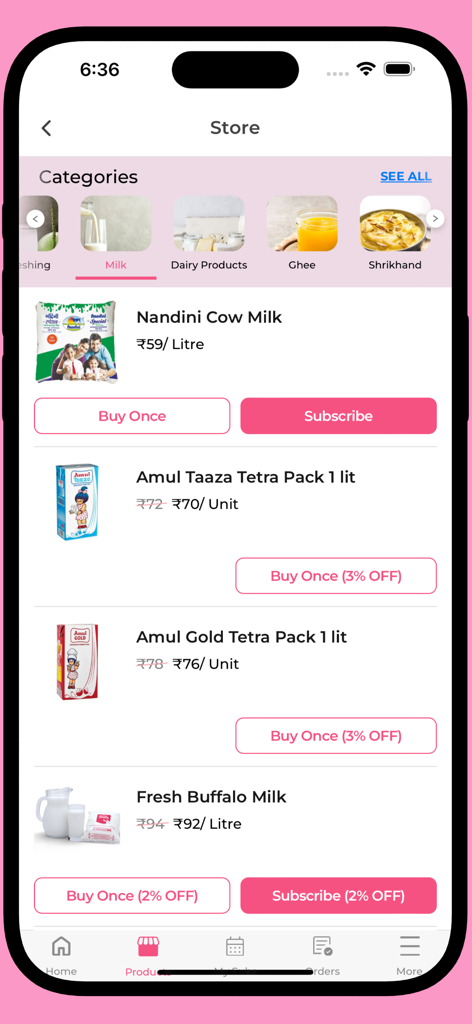 Mobile app interface of Milk and More showing various milk products with options to buy once or subscribe for daily delivery