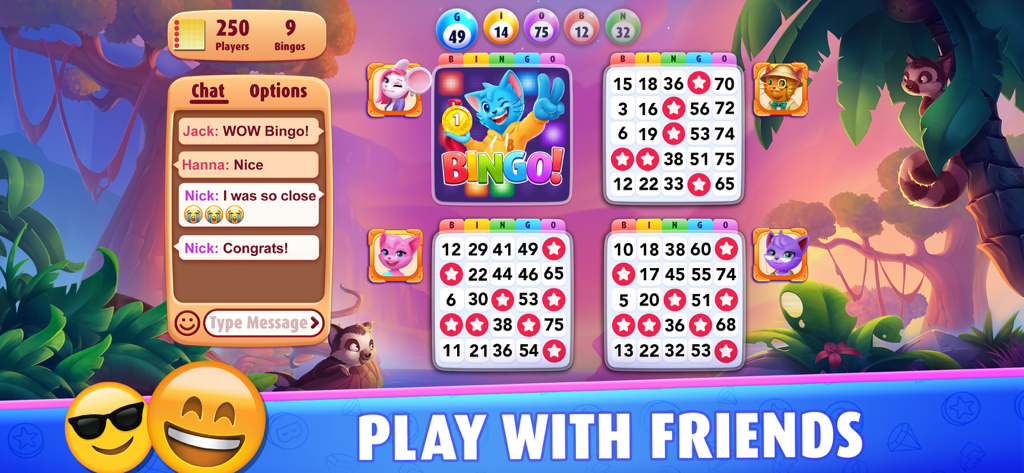 Bingo Blitz™ - BINGO Games - Bingo Blitz App-Oberfläche, die mehrere Bingo-Karten, eine Gewinnanimation und ein aktives soziales Chatfenster zeigt