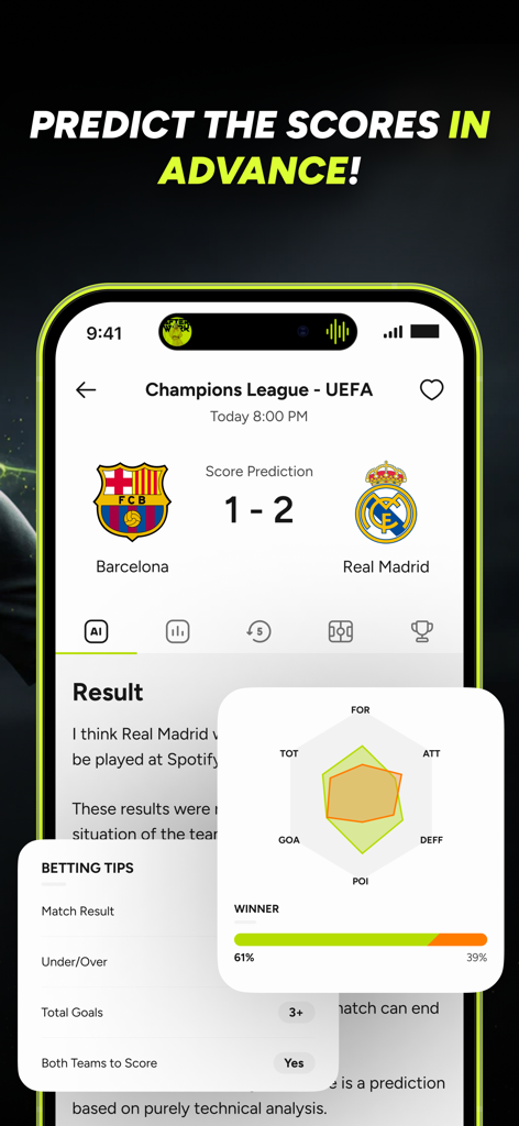 Soccer AI: Match Score Picks - A mobile app interface displaying AI-powered soccer score predictions and betting tips for a match between Barcelona and Real Madrid.