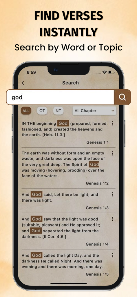 Scofield Reference Bible KJV - Suchoberfläche der Scofield Reference Bible App, die KJV-Verse für das Wort Gott anzeigt