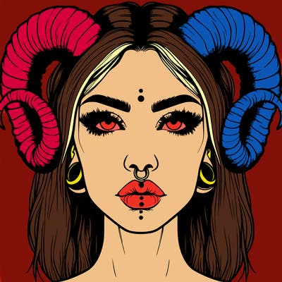 realistic woman with ram horns and piercings