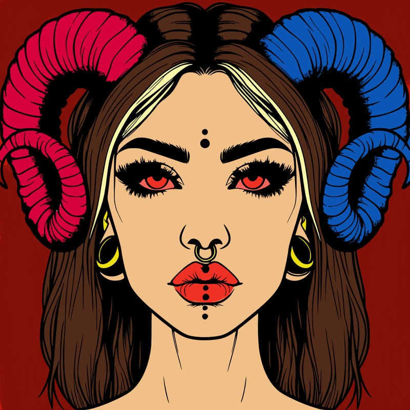 realistic woman with ram horns and piercings