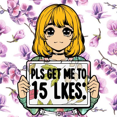 realistic girl holding up a sign that says “pls get me to 15 likes!”