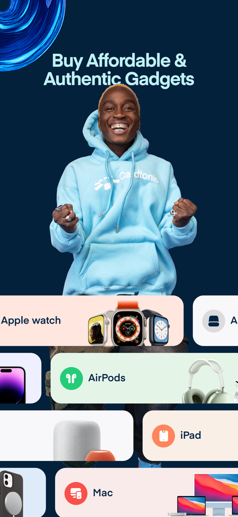 Cardtonic: Gift & Virtual Card - Cardtonic app screen showcasing the option to buy affordable and authentic gadgets like Apple Watch, AirPods, iPad, and Mac.