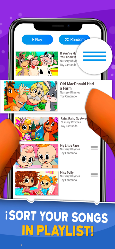 Nursery Rhymes Offline - A screenshot of the Nursery Rhymes Offline app showing a playlist of children songs and a feature to sort them
