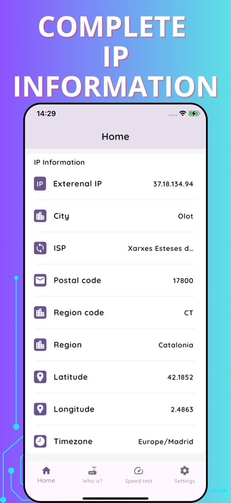 Wifi password auto - IPアドレス、都市、ISPを含む完全なIP情報が表示されているスマートフォンの画面