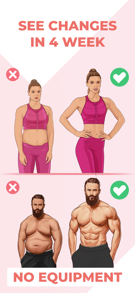 Before and after fitness transformation results for men and women in 4 weeks