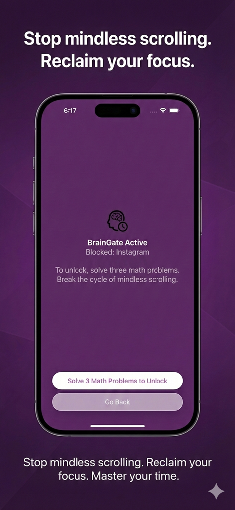 BrainGate: Focus Math Blocker - Interfaz de la aplicación BrainGate bloqueando Instagram y requiriendo tres problemas matemáticos para desbloquear