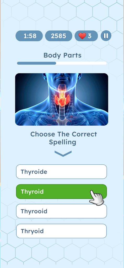 Photo Quiz: Win Real Money - A mobile screen showing a medical image of a thyroid with a spelling quiz challenge and four word options.