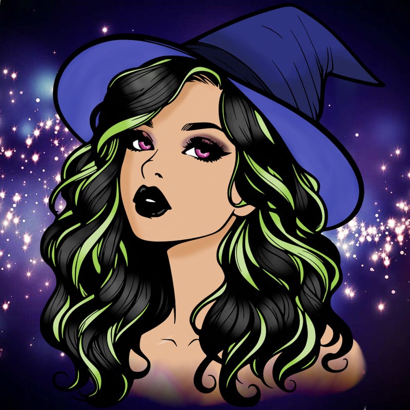 realistic witch girl with wavy hair and lips