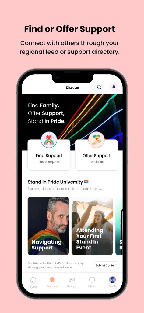 Stand In Pride mobile app interface for finding and offering support with educational articles for the LGBTQ community