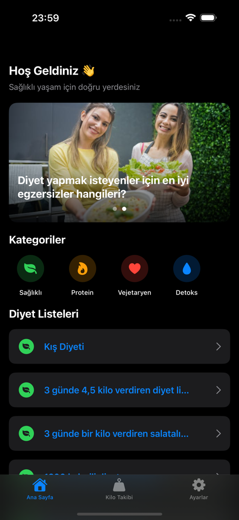 Diyet Listesi & Kilo Takibi - Interface of the Diyet Listesi app showing diet categories and daily plans