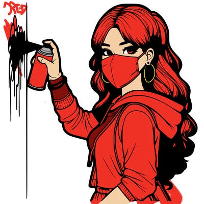 realistic girl with mask spray painting a wall