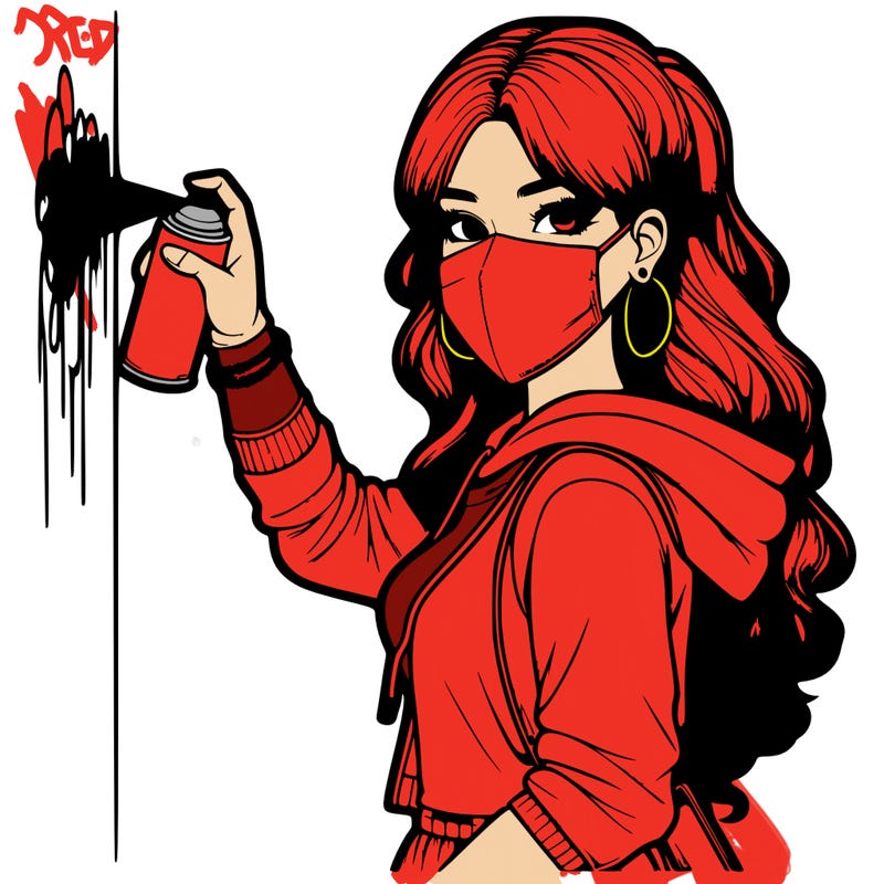 realistic girl with mask spray painting a wall