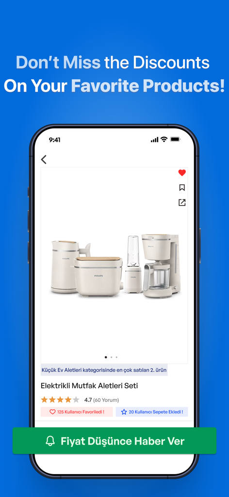 idefix app screen showing a kitchen appliance set with an option to get price drop notifications